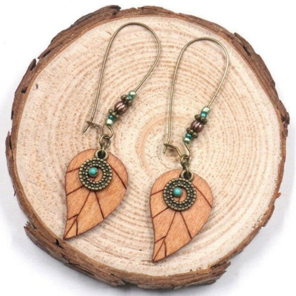 Hand Crafted Jewelry - Vintage Bohemian Wood Leaves Carved Womens Earring